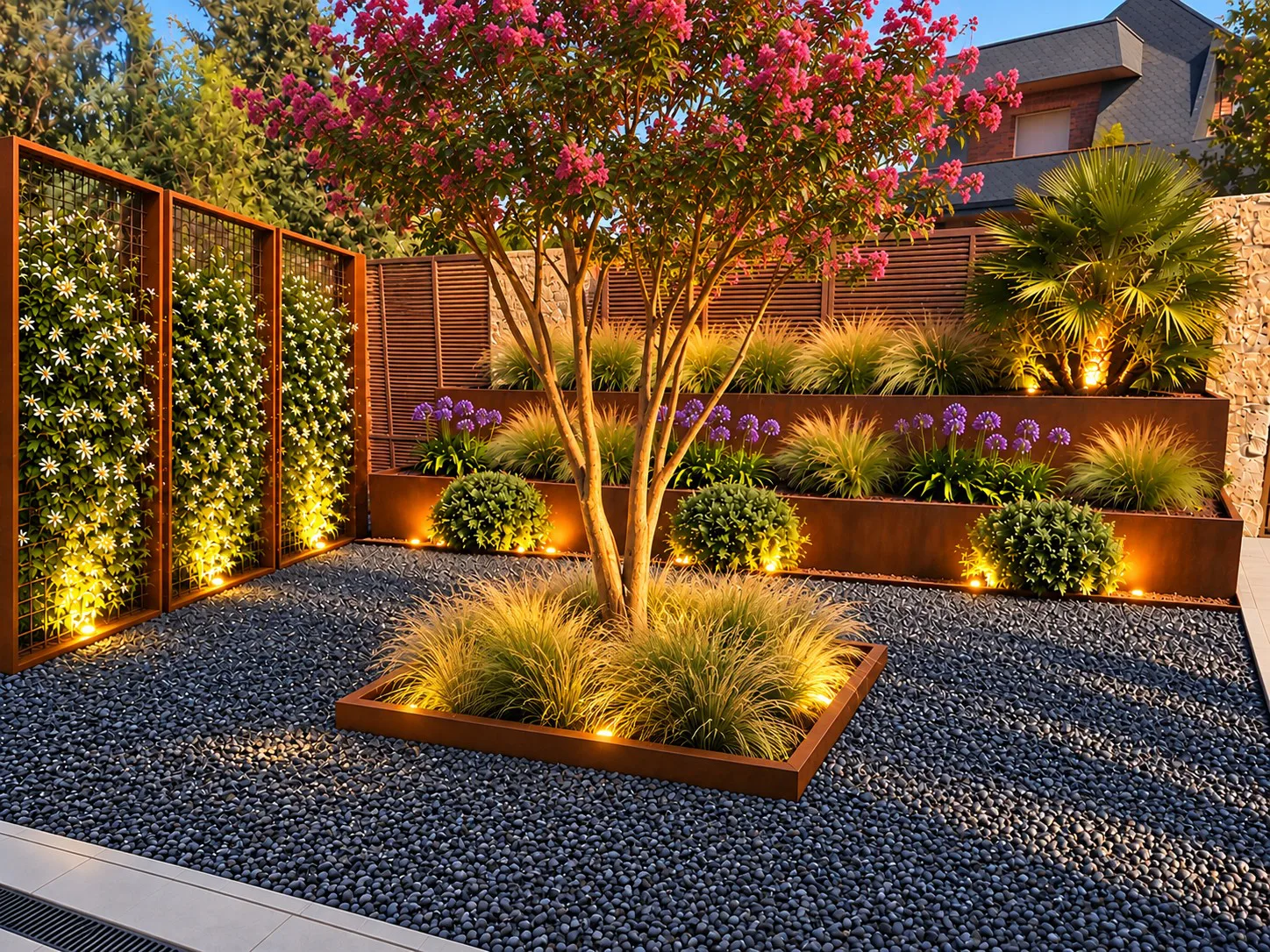 Visualización de parterre con árbol de floración, gramíneas y árido oscuro iluminado